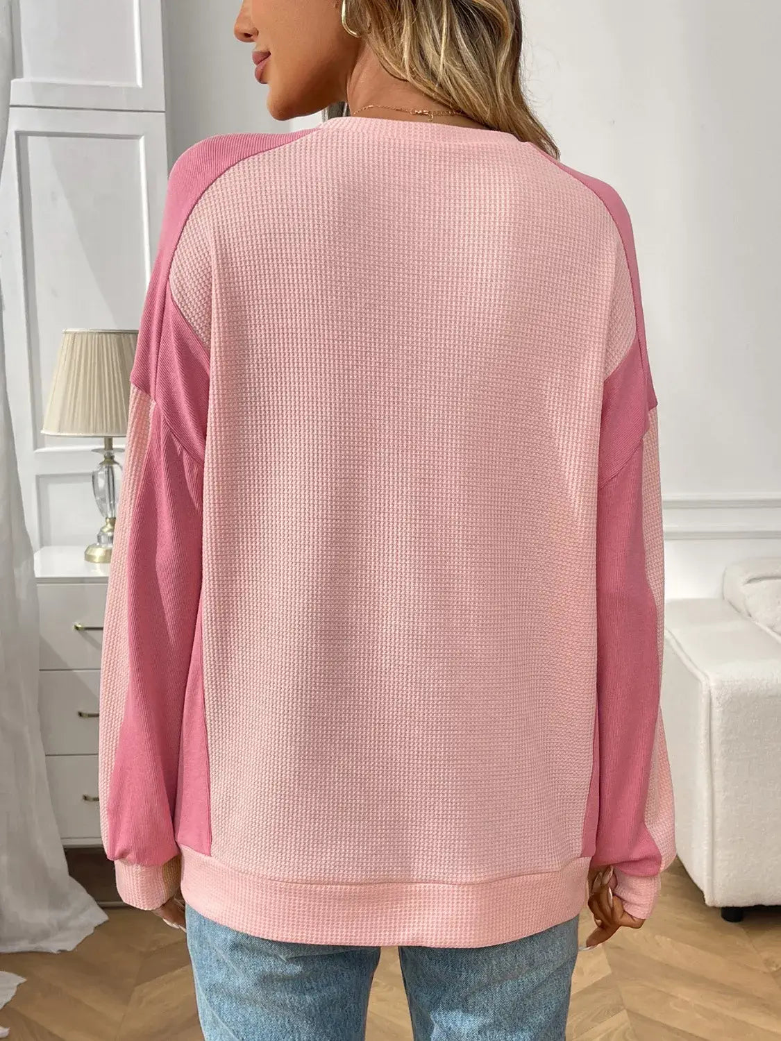 Color Block Waffle Knit Long Sleeve T-Shirt - Trendsi - Flyclothing LLC