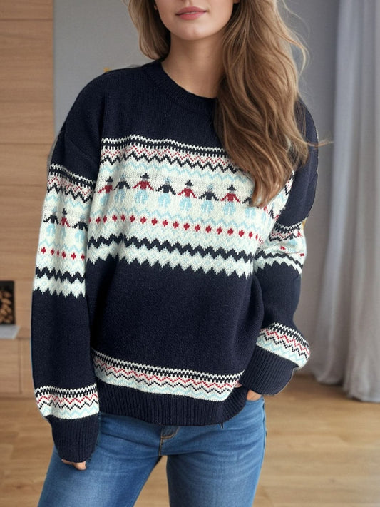 Contrast Round Neck Dropped Shoulder Sweater - Trendsi