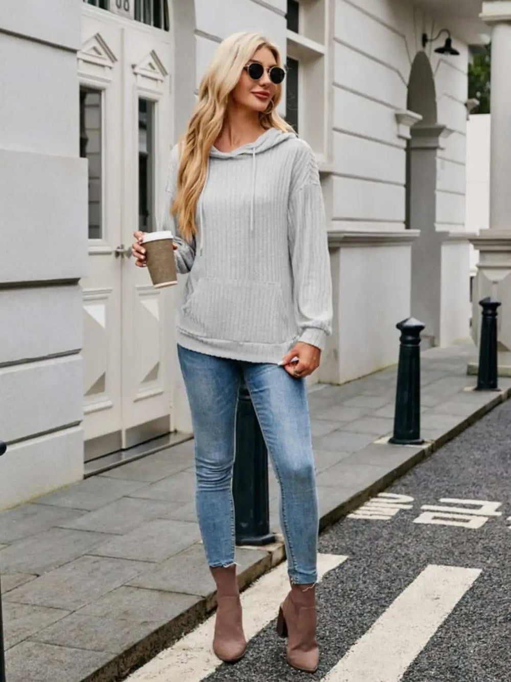 Ribbed Drawstring Long Sleeve Hoodie - Trendsi - Flyclothing LLC