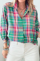 Plaid Collared Neck Three-Quarter Sleeve Shirt - Trendsi - Flyclothing LLC