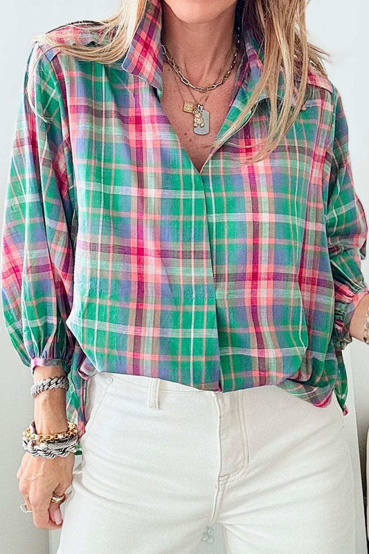 Plaid Collared Neck Three-Quarter Sleeve Shirt - Trendsi - Flyclothing LLC