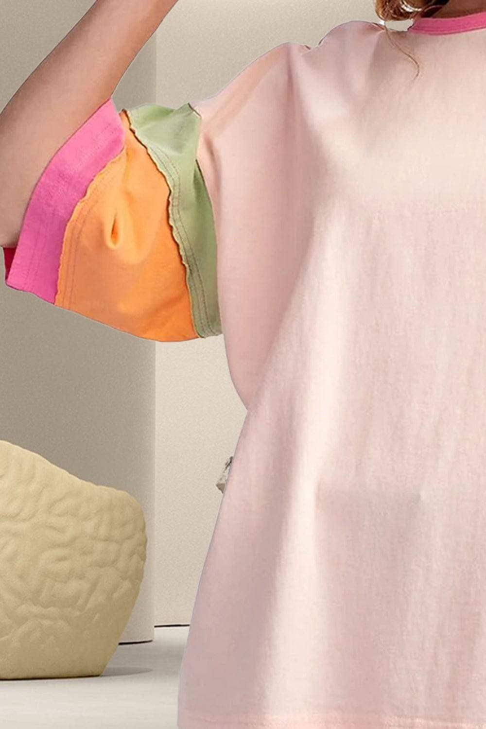Color Block Round Neck Half Sleeve T-Shirt - Trendsi - Flyclothing LLC