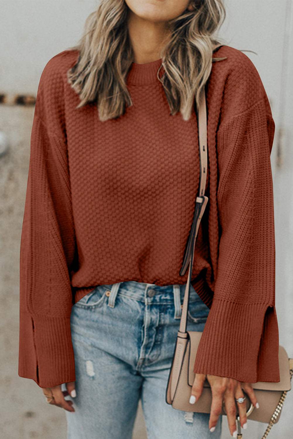 Textured Round Neck Long Sleeve Sweater - Trendsi - Flyclothing LLC