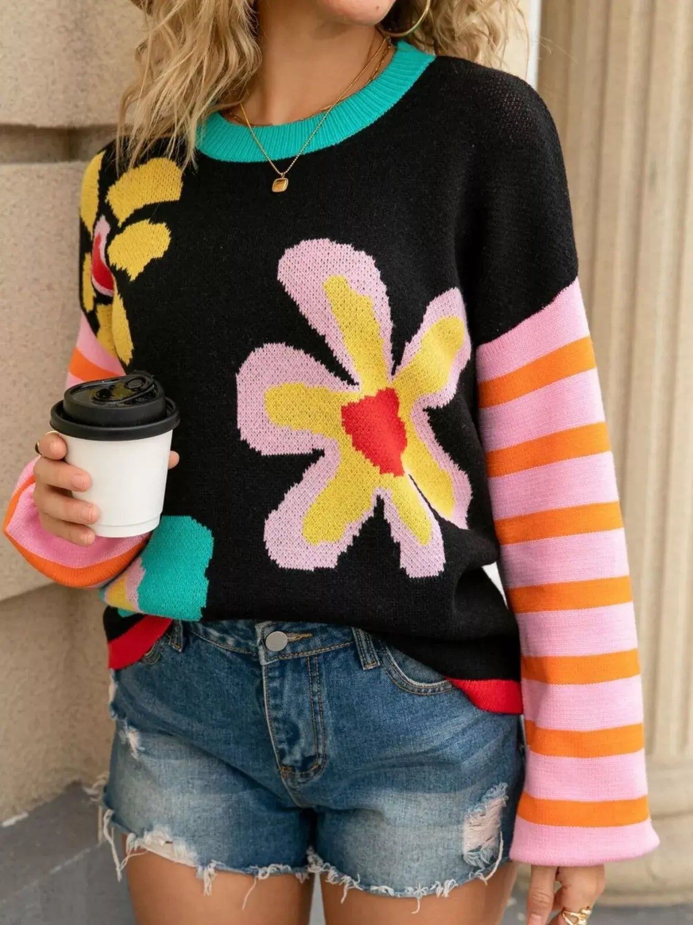Floral Striped Crew Neck Sweater - Trendsi - Flyclothing LLC