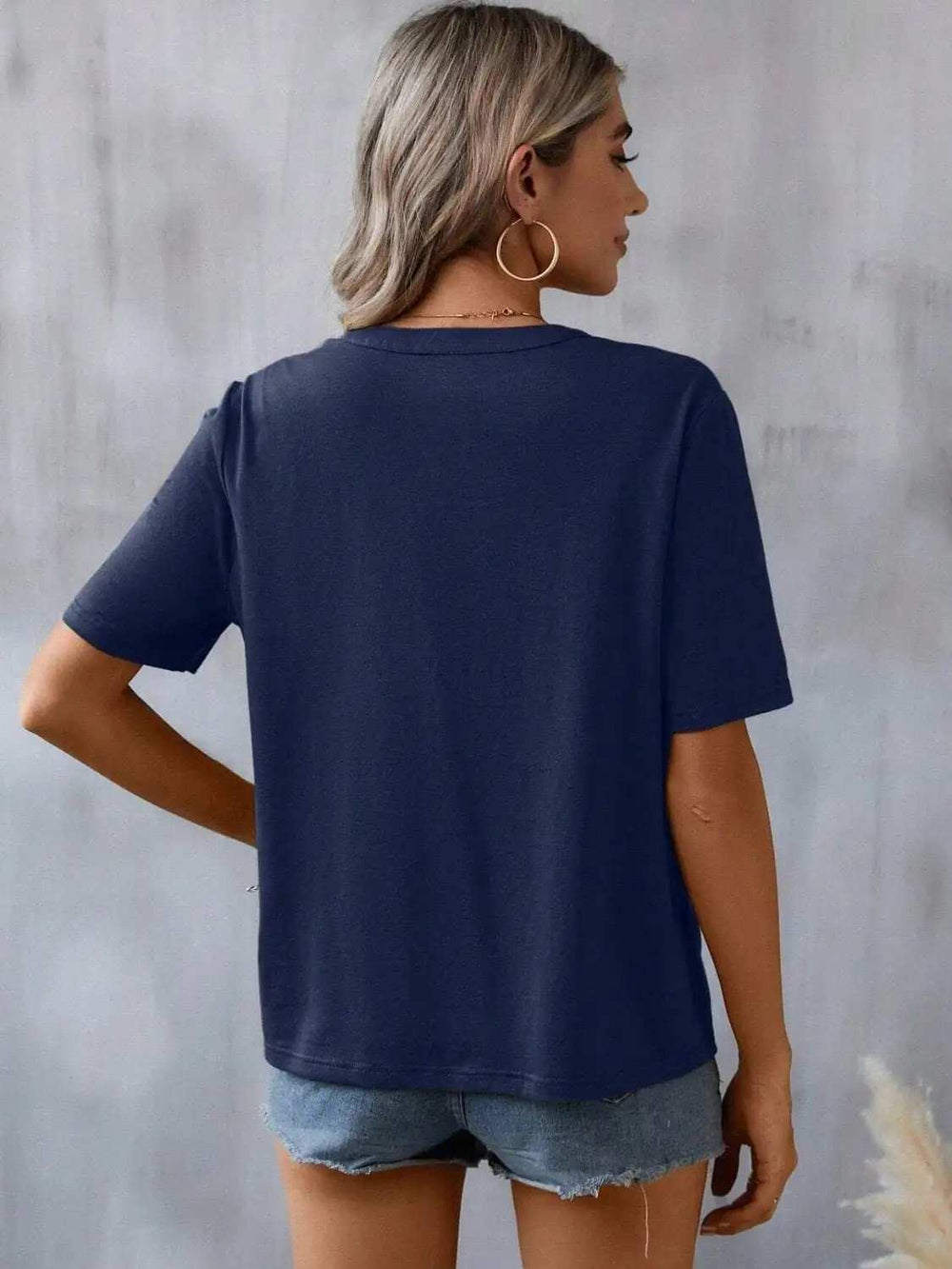 Embroidered Notched Short Sleeve T-Shirt - Trendsi - Flyclothing LLC