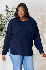 Basic Bae Full Size Ribbed Round Neck Slit Knit Top - ShopBasicbae - Flyclothing LLC