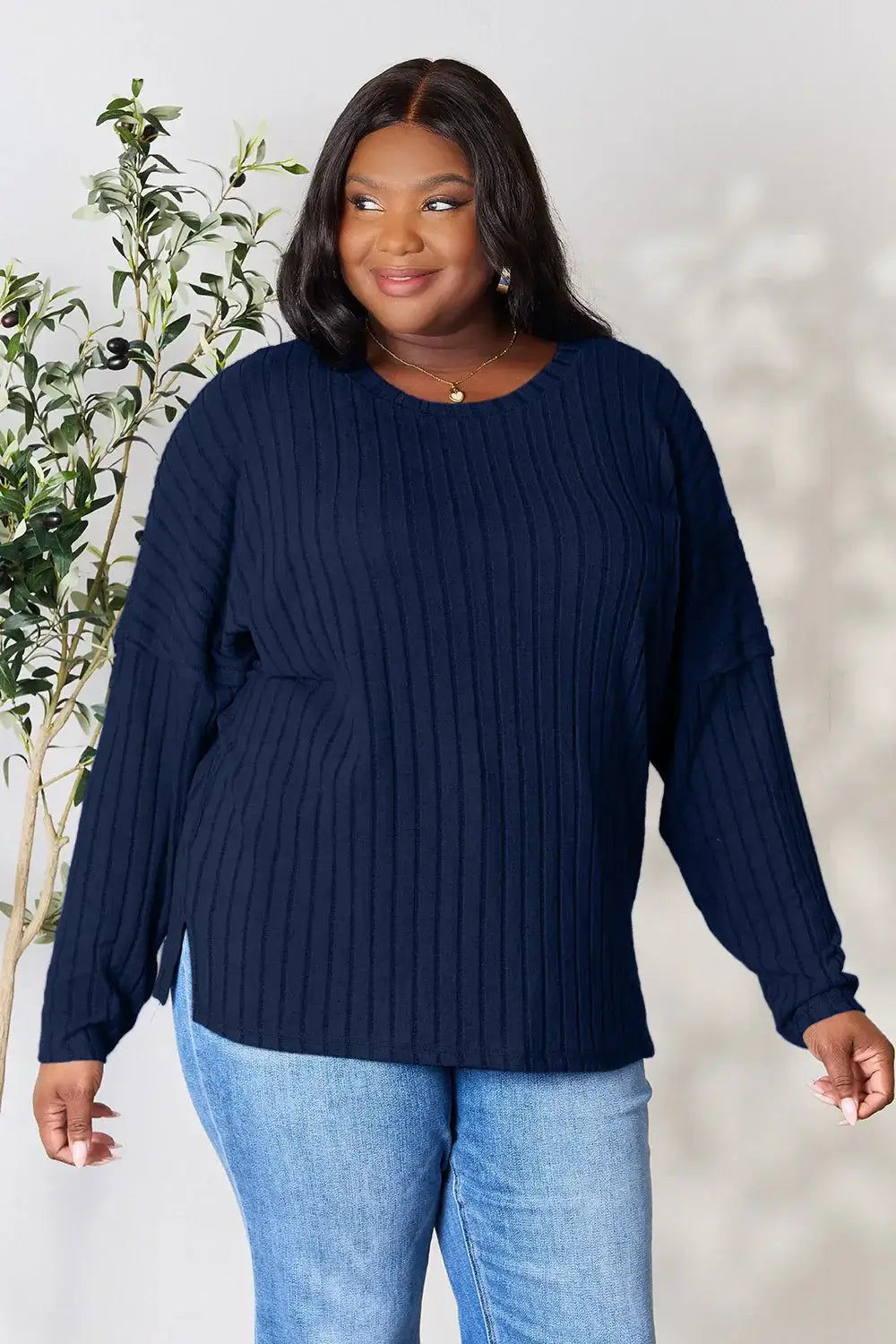 Basic Bae Full Size Ribbed Round Neck Slit Knit Top - ShopBasicbae - Flyclothing LLC