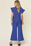 Double Take Texture Ruffle Short Sleeve Top and Drawstring Wide Leg Pants Set - Trendsi