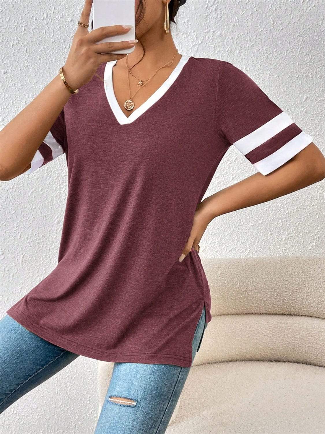 Contrast Trim V-Neck Short Sleeve T-Shirt - Trendsi - Flyclothing LLC
