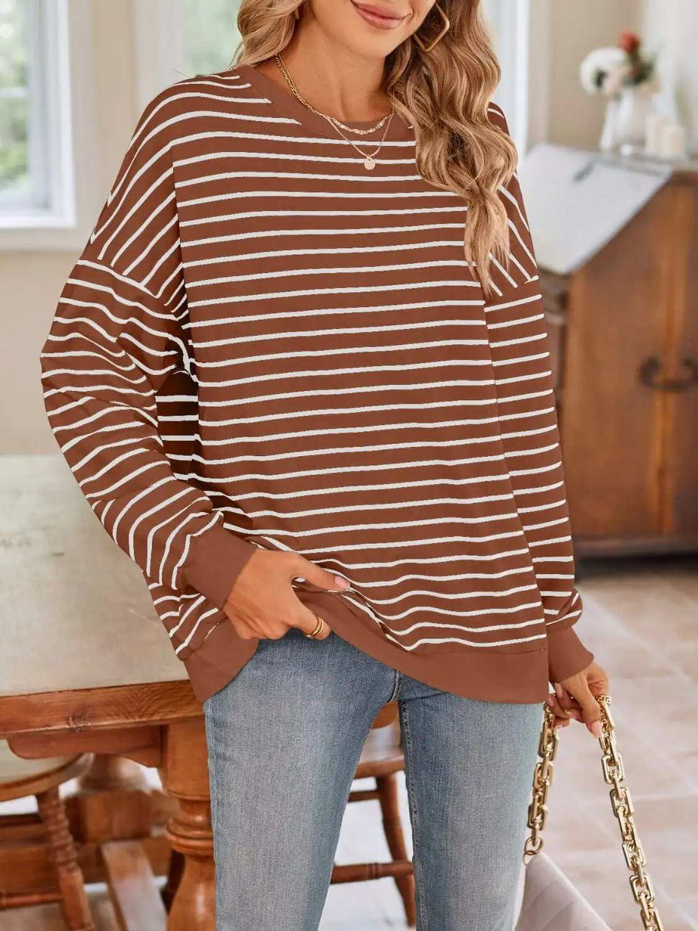 Striped Round Neck Long Sleeve Sweatshirt - Trendsi - Flyclothing LLC