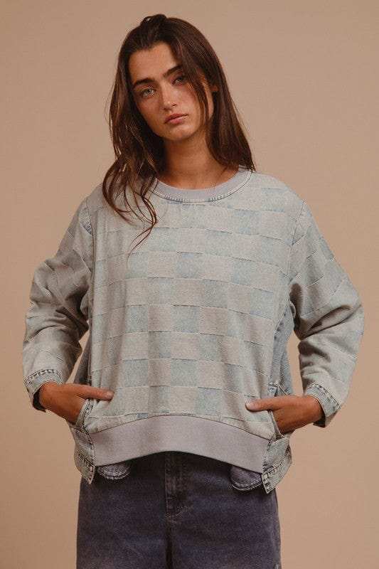 BiBi Mineral Washed Checkered Round Neck Denim Top - Trendsi - Flyclothing LLC