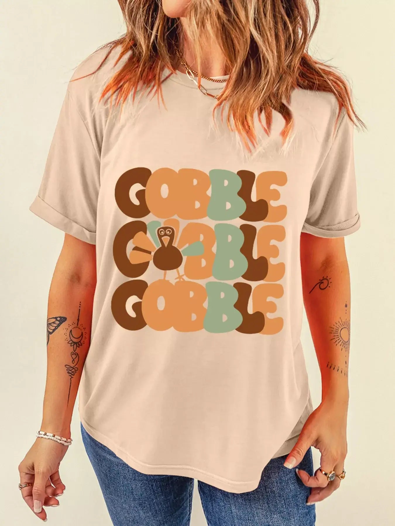 GOBBLE Turkey Graphic Thanksgiving Round Neck Tee - Trendsi - Flyclothing LLC