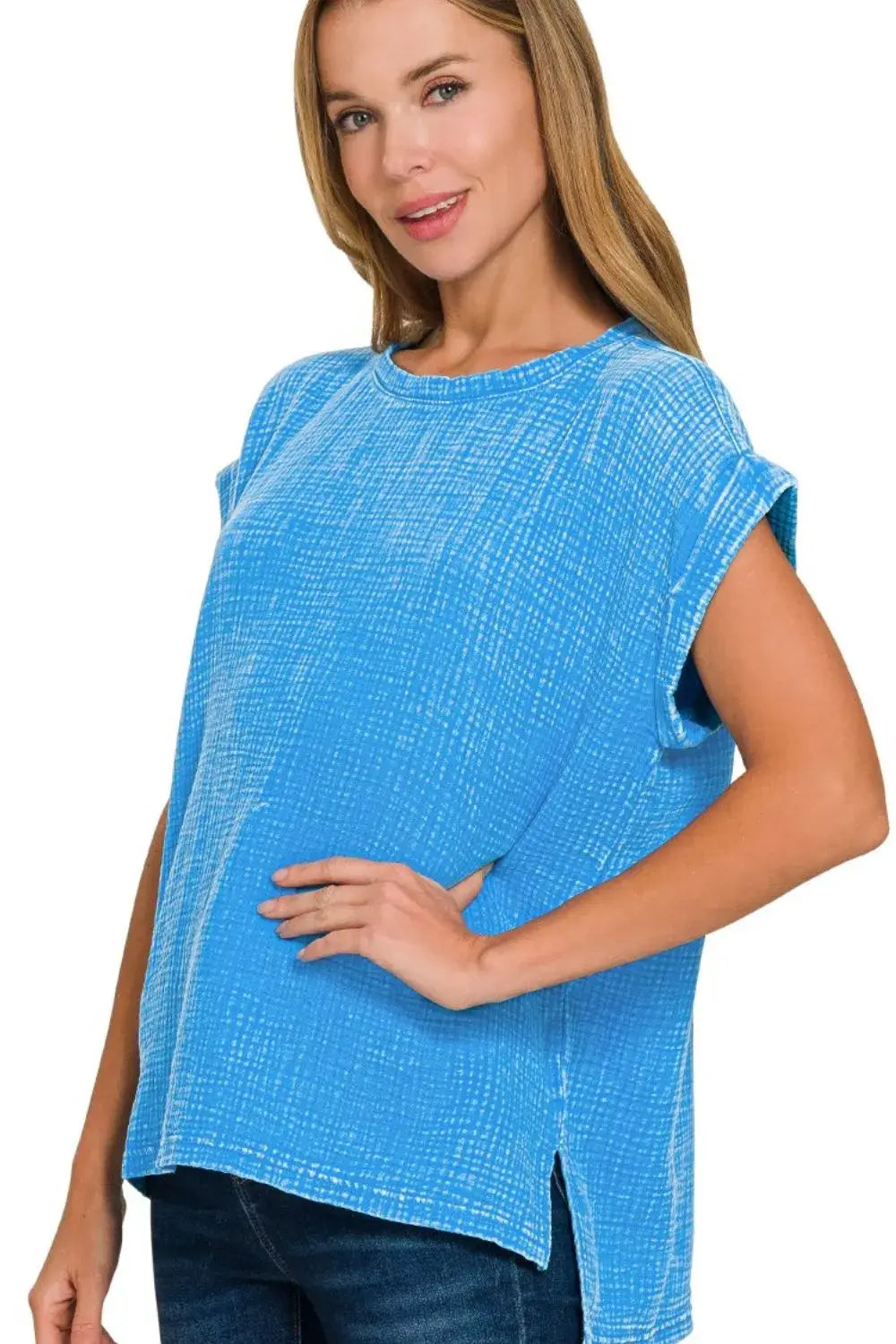 Zenana Woven Double Gauze Acid Washed Short Sleeve Top - Trendsi - Flyclothing LLC