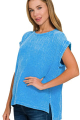 Zenana Woven Double Gauze Acid Washed Short Sleeve Top - Trendsi - Flyclothing LLC