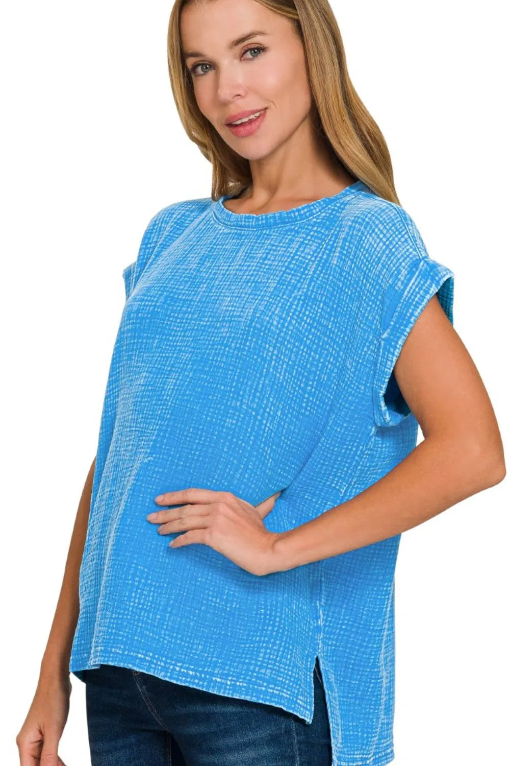Zenana Woven Double Gauze Acid Washed Short Sleeve Top - Trendsi