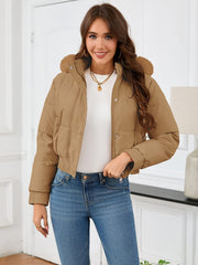 Pocketed Long Sleeve Cropped Hooded Winter Coat - Trendsi