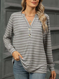 Striped Notched Long Sleeve T-Shirt - Trendsi - Flyclothing LLC