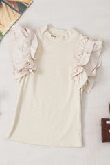 Ruffle Flutter Sleeve Mock Neck Ribbed Top - Trendsi - Flyclothing LLC