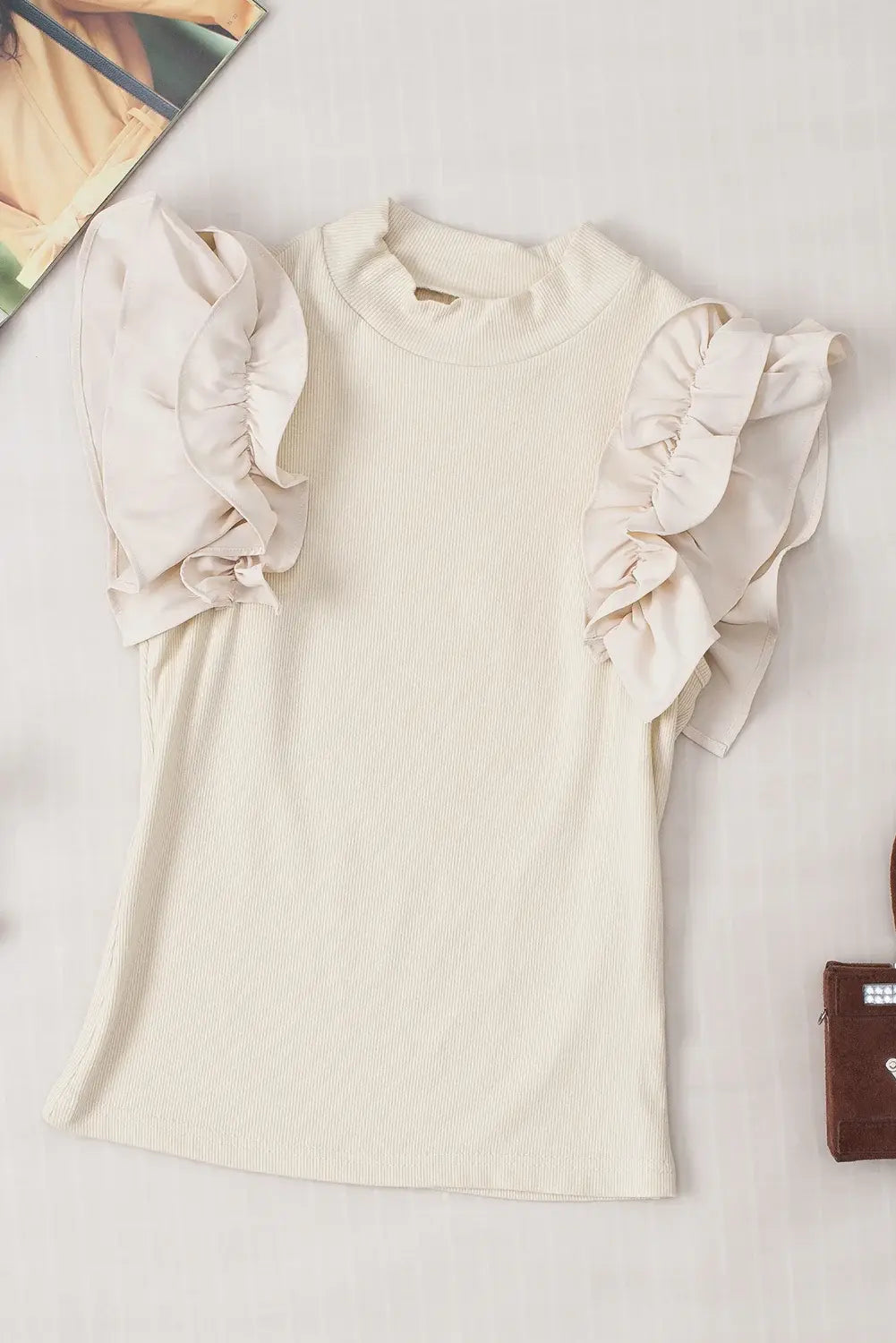 Ruffle Flutter Sleeve Mock Neck Ribbed Top - Trendsi - Flyclothing LLC