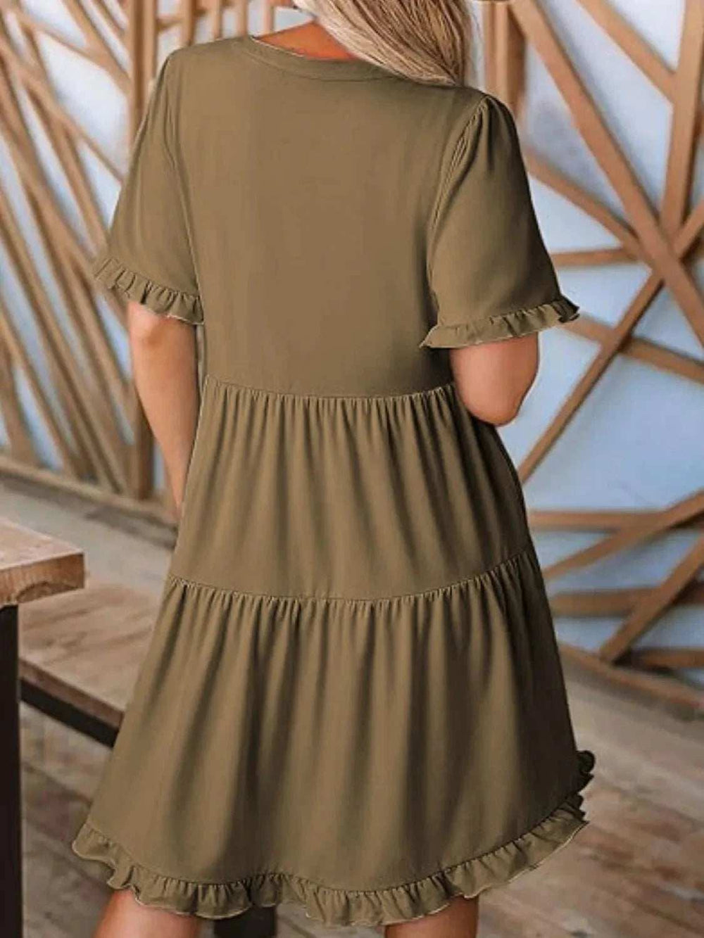 Tiered Notched Short Sleeve Mini Dress - Trendsi - Flyclothing LLC