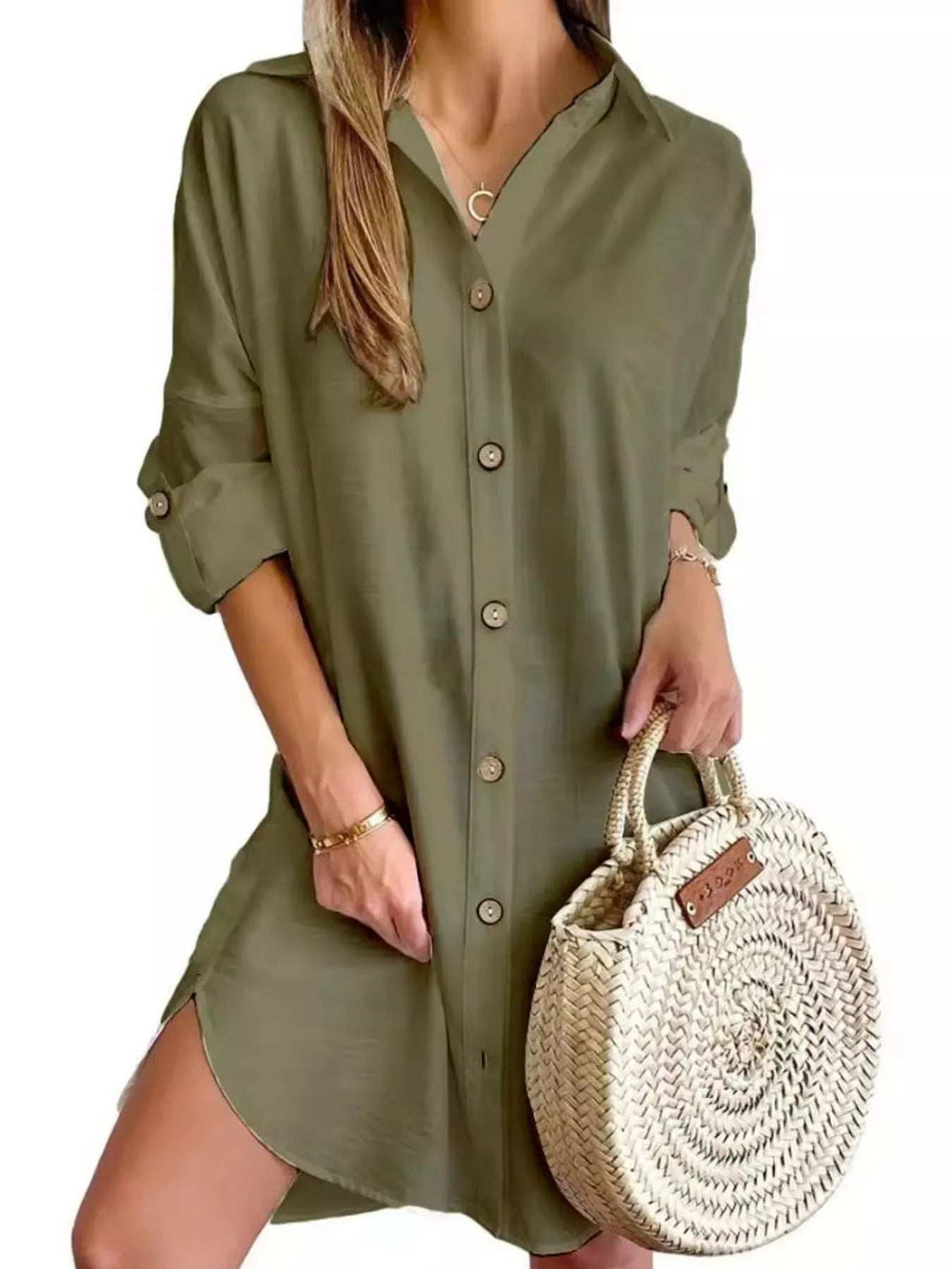 Button Down Long Sleeve Shirt Dress - Trendsi - Flyclothing LLC