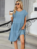 Tiered Round Neck Short Sleeve Denim Dress - Trendsi - Flyclothing LLC