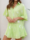 Printed Collared Neck Half Sleeve Romper - Trendsi