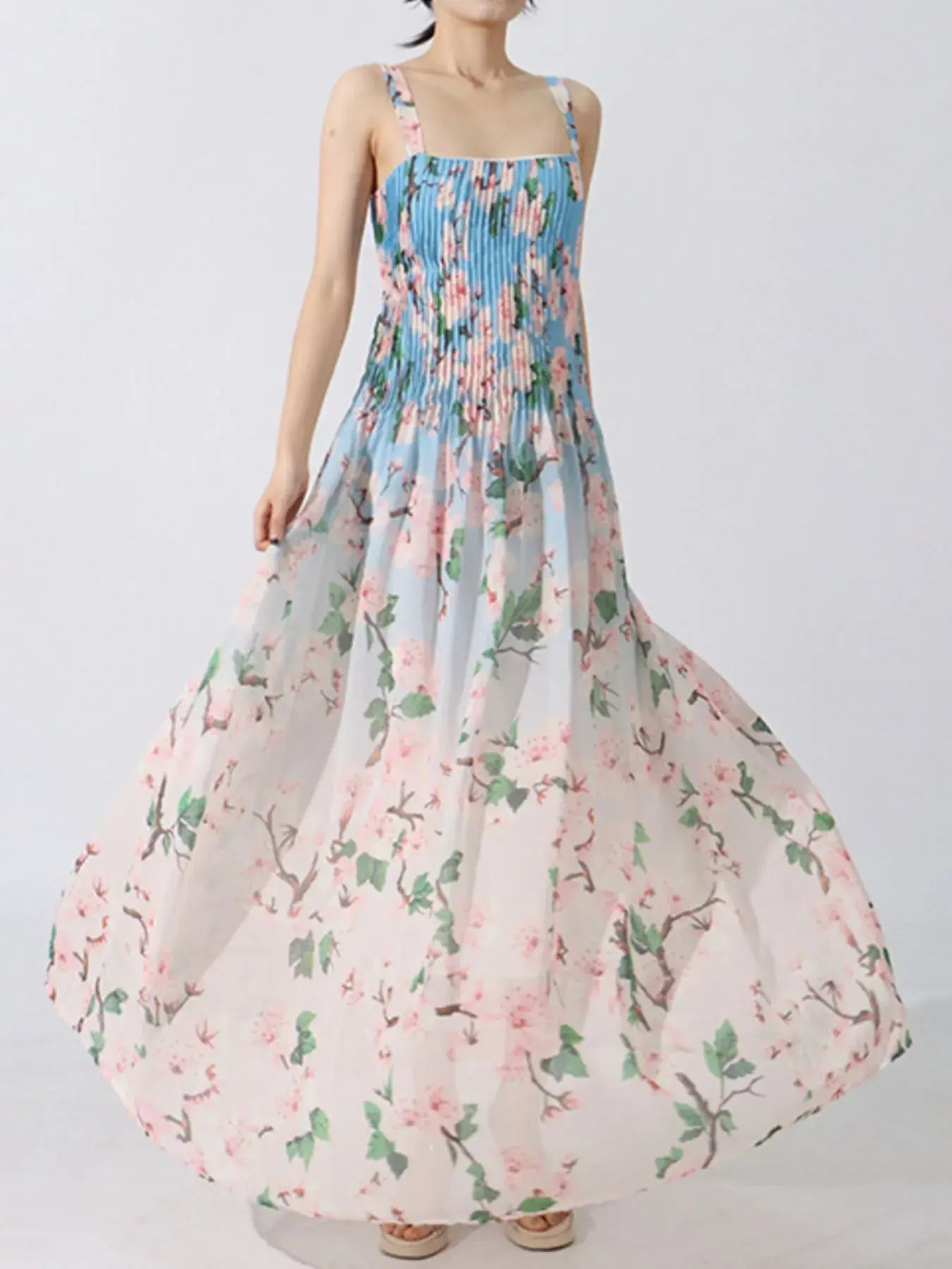 Floral Print Pleated Maxi Dress - Trendsi - Flyclothing LLC