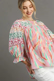 Umgee Full Size Mixed Print Lace Trim Top Plus Size - Trendsi