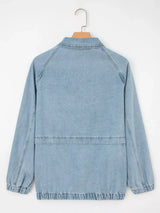 Elastic Edge Collared Zip Up Denim Jacket With Pocket - Trendsi - Flyclothing LLC