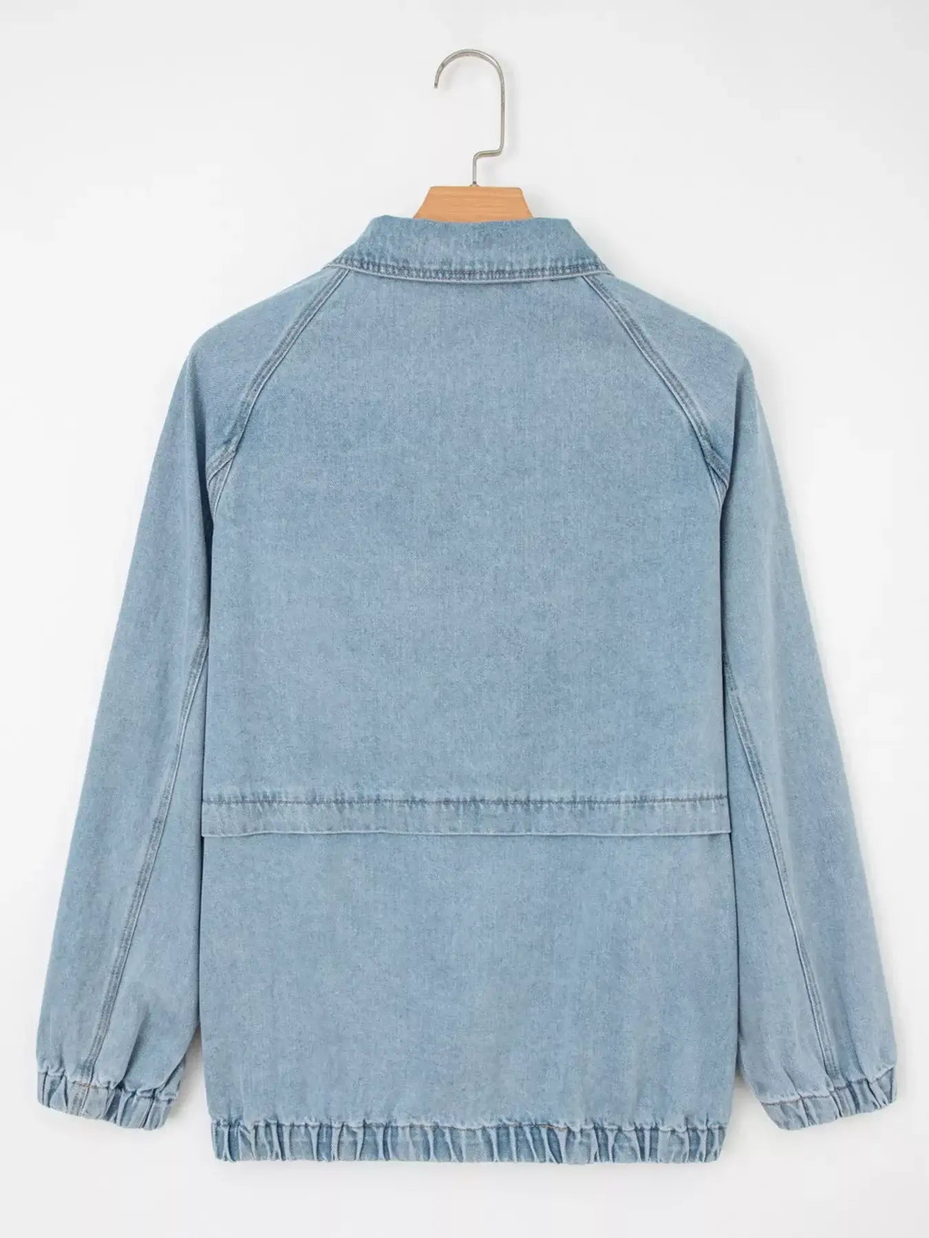 Elastic Edge Collared Zip Up Denim Jacket With Pocket - Trendsi - Flyclothing LLC