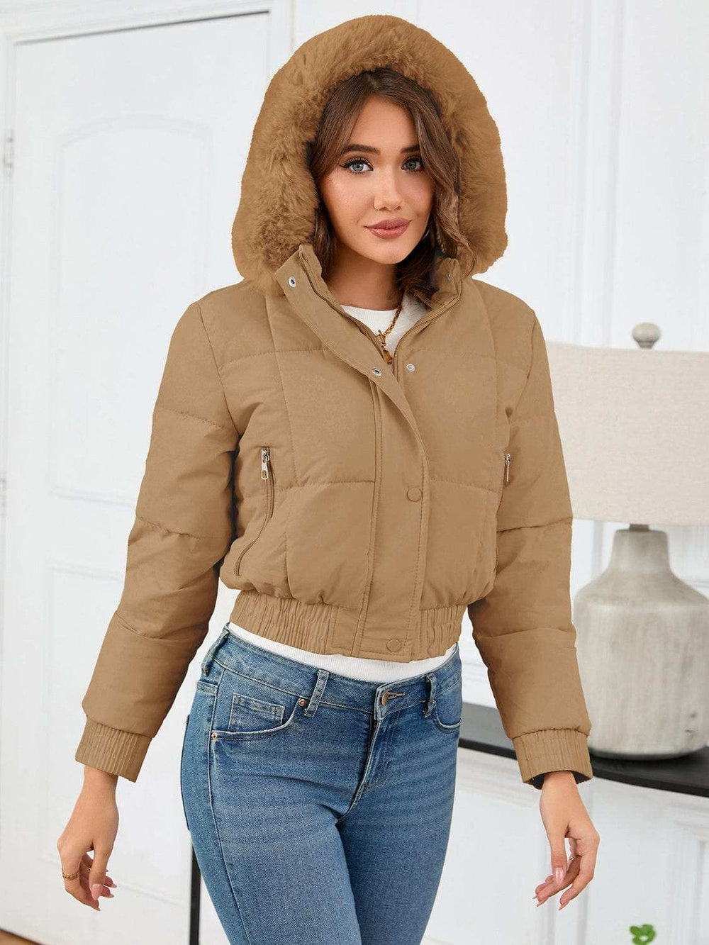 Pocketed Long Sleeve Cropped Hooded Winter Coat - Trendsi - Flyclothing LLC