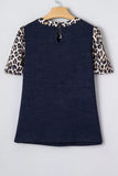 Ribbed Contrast Leopard Patchwork Short Sleeve Top - Trendsi - Flyclothing LLC