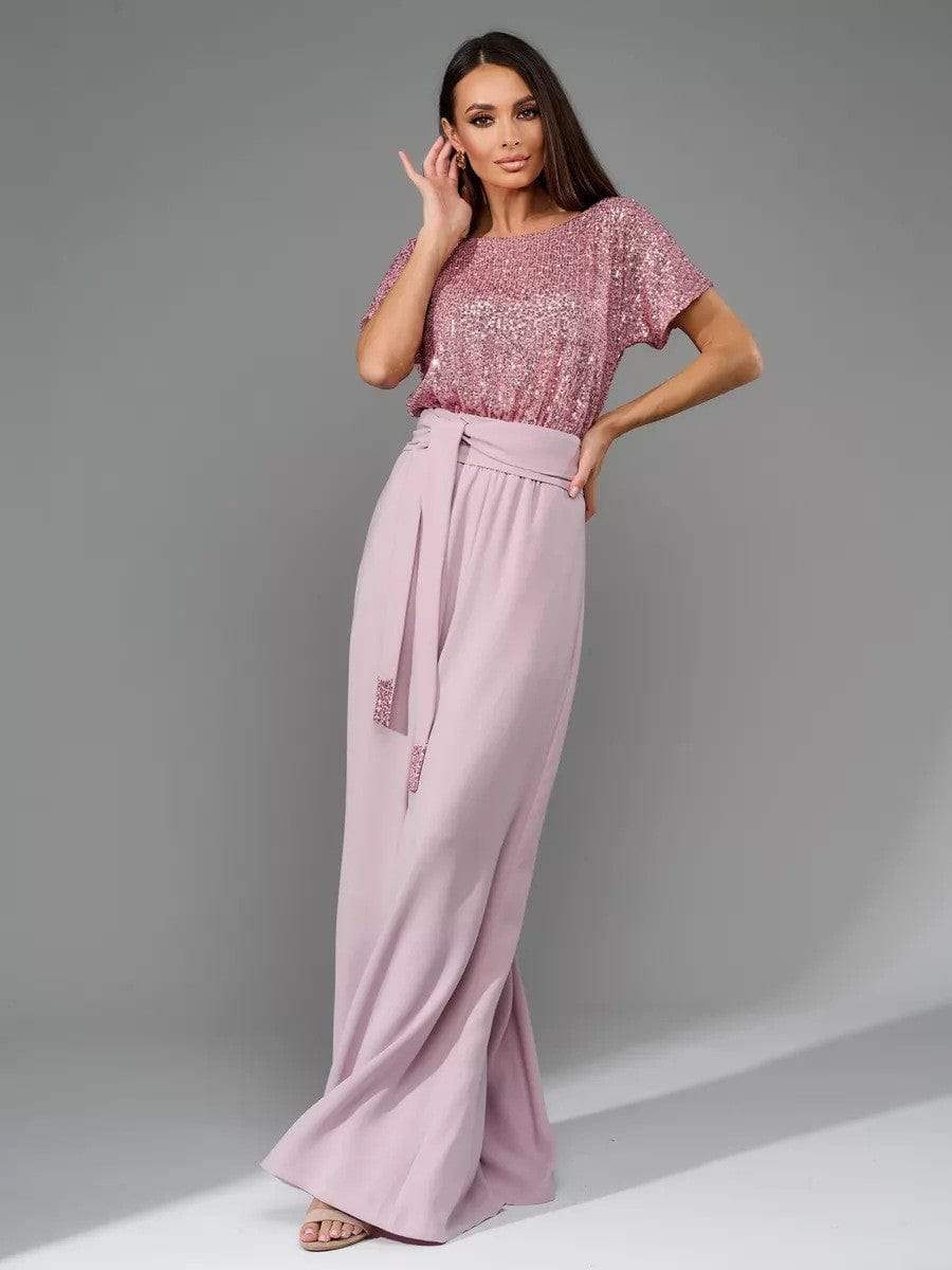 Full Size Sequin Round Neck Short Sleeve Wide Leg Jumpsuit - Trendsi - Flyclothing LLC