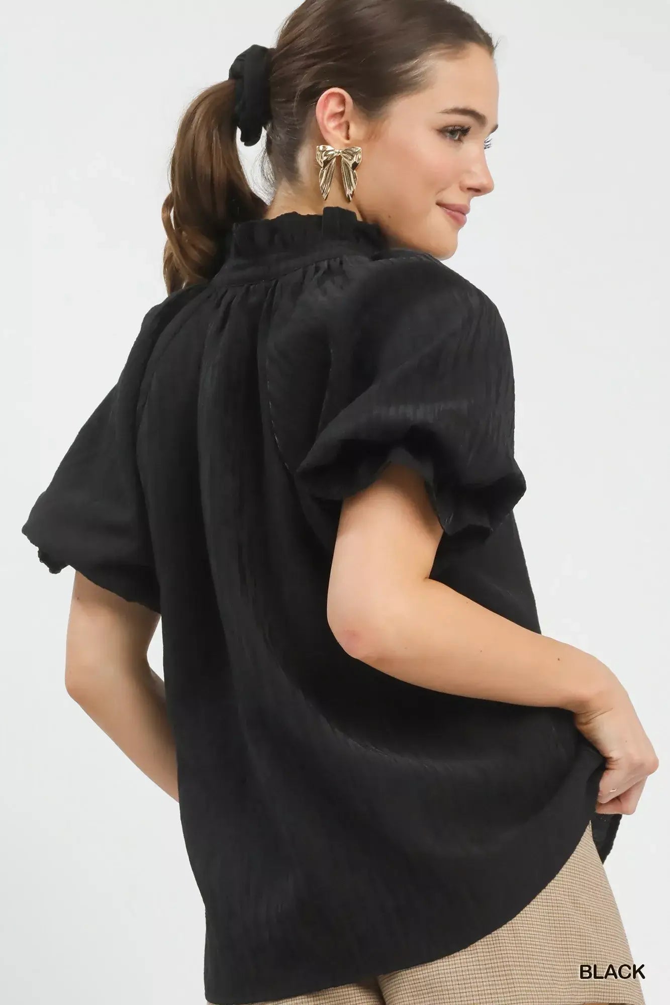 Umgee Textured Puff Sleeve Split Neck Top - Trendsi - Flyclothing LLC