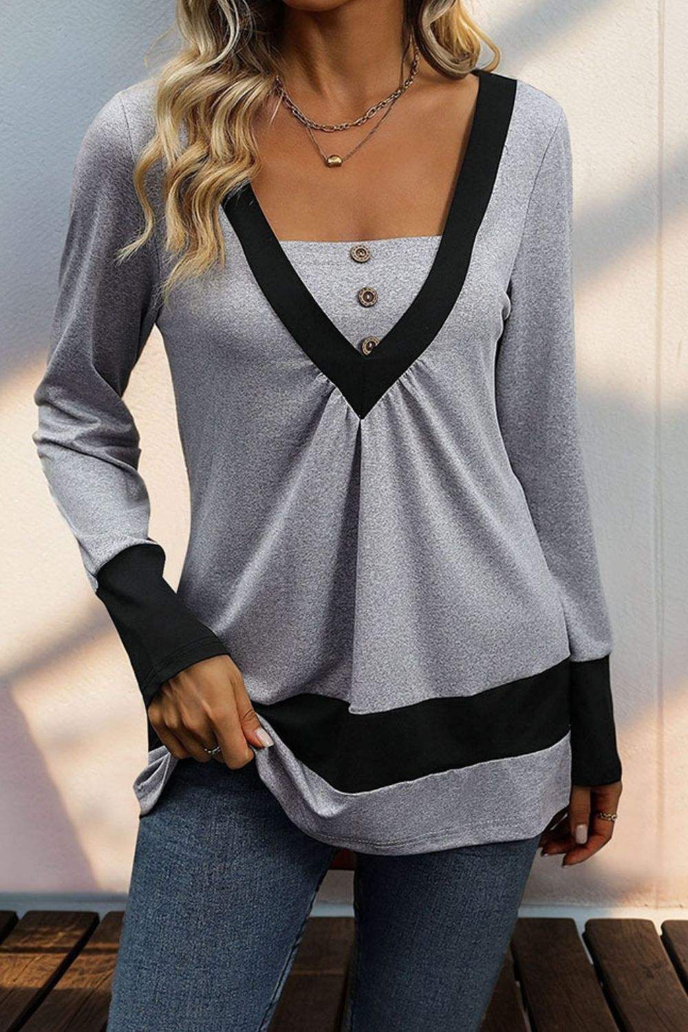Contrast Long Sleeve T-Shirt - Trendsi - Flyclothing LLC