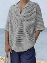 Men's Plus Size Openwork Collared Neck Quarter Button Knit Polo - Trendsi - Flyclothing LLC
