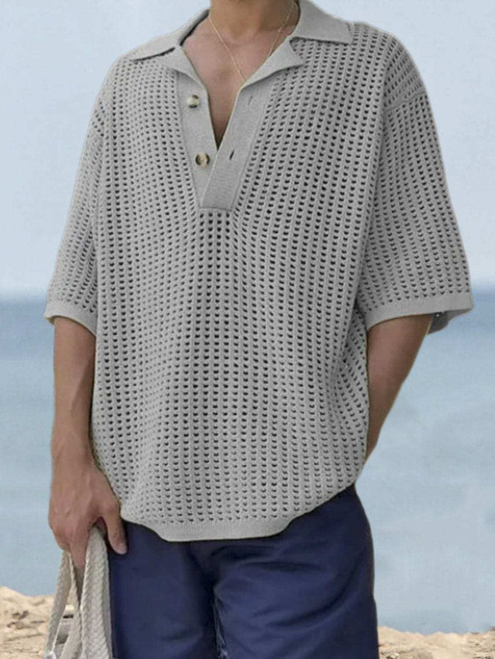 Men's Plus Size Openwork Collared Neck Quarter Button Knit Polo - Trendsi - Flyclothing LLC