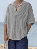 Men's Plus Size Openwork Collared Neck Quarter Button Knit Polo - Trendsi - Flyclothing LLC