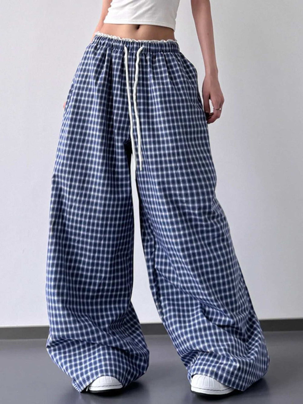 Drawstring Plaid Wide Leg Pants - Trendsi - Flyclothing LLC
