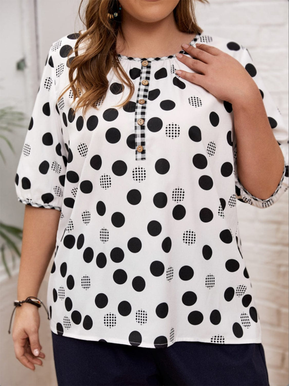 Plus Size Polka Dot Round Neck Half Sleeve Blouse - Trendsi