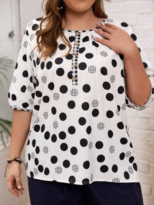 Plus Size Polka Dot Round Neck Half Sleeve Blouse - Trendsi - Flyclothing LLC