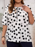 Plus Size Polka Dot Round Neck Half Sleeve Blouse - Trendsi
