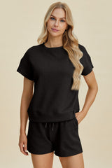 Double Take Full Size Texture Short Sleeve Top and Shorts Set - Trendsi