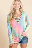 BiBi Tie Dye French Terry V-Neck Top with Strapped - Trendsi - Flyclothing LLC