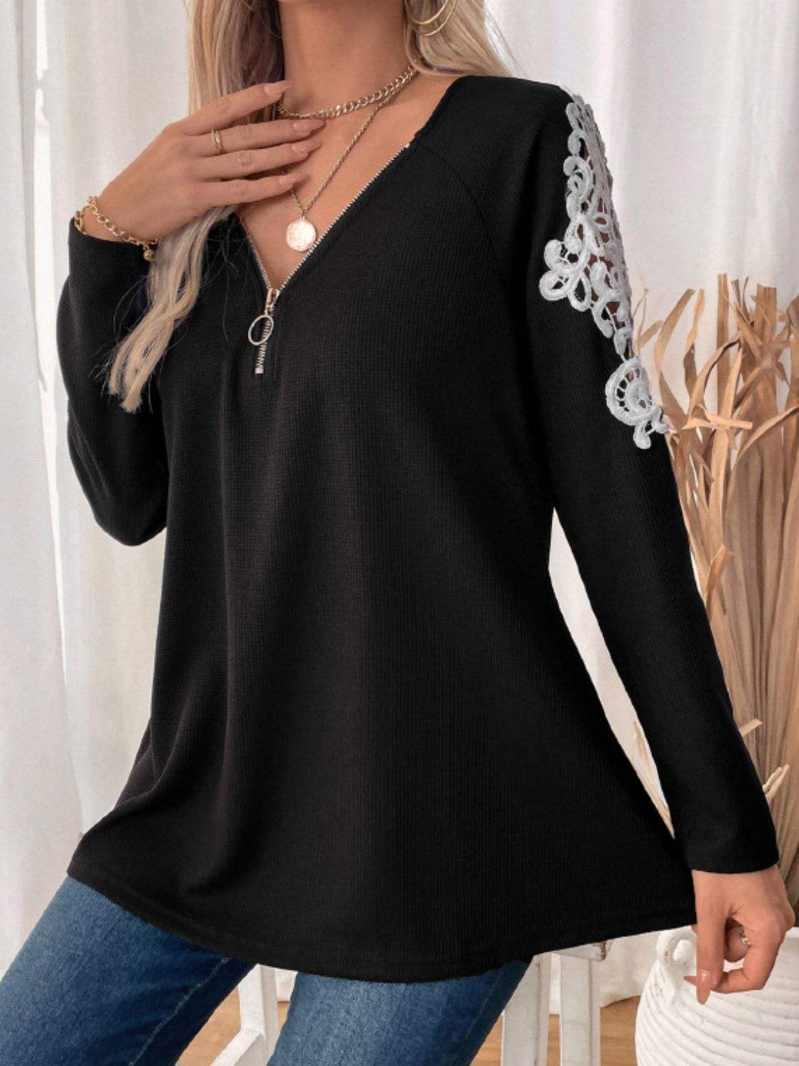 Perfee Lace Detail Quarter Zip Long Sleeve Top - Trendsi - Flyclothing LLC