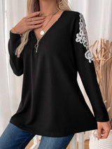 Perfee Lace Detail Quarter Zip Long Sleeve Top - Trendsi - Flyclothing LLC