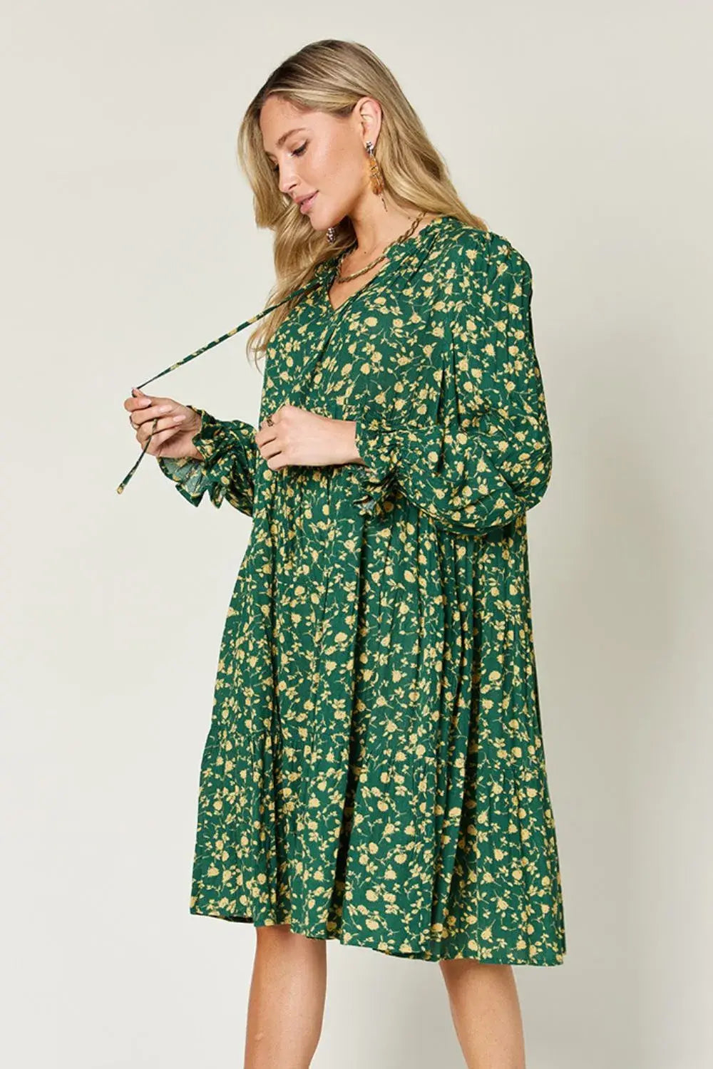 Double Take Full Size Printed Ruffle Hem Long Sleeve Tiered Dress - Trendsi - Flyclothing LLC