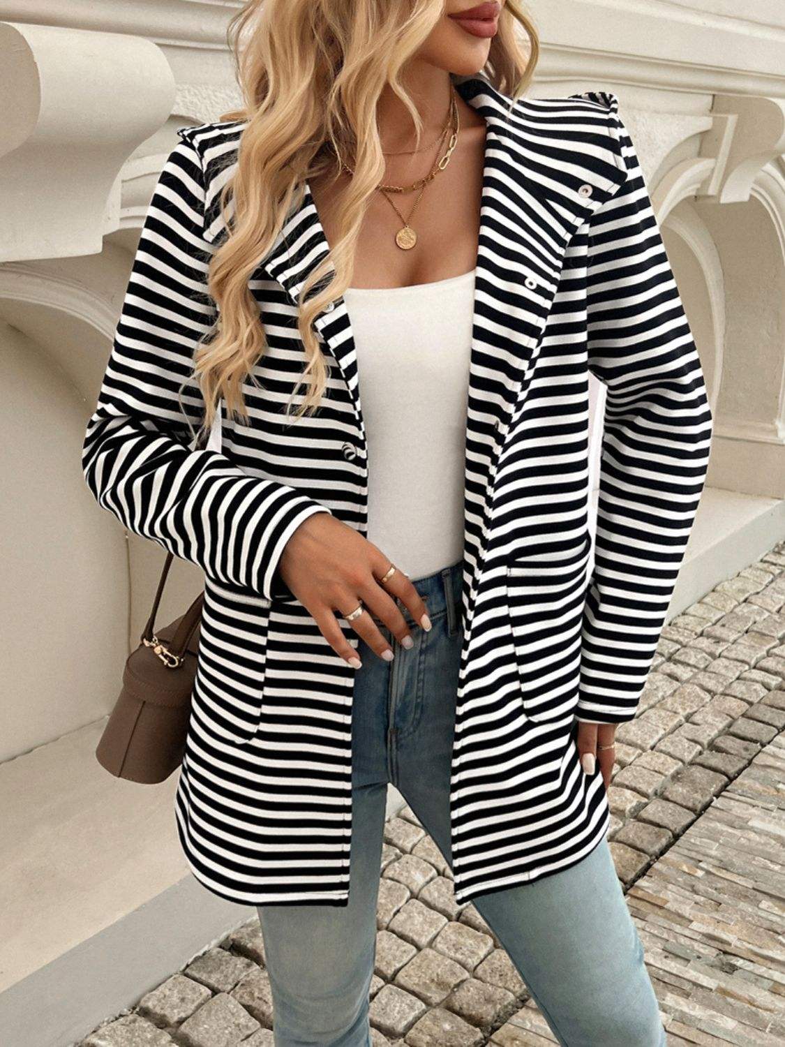 Devine Striped Long Sleeve Hooded Outerwear - Trendsi - Flyclothing LLC