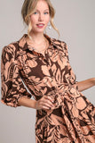 Umgee Full Size Two Tone Floral Print Puff Sleeve Tie Waist Dress Plus Size - Trendsi